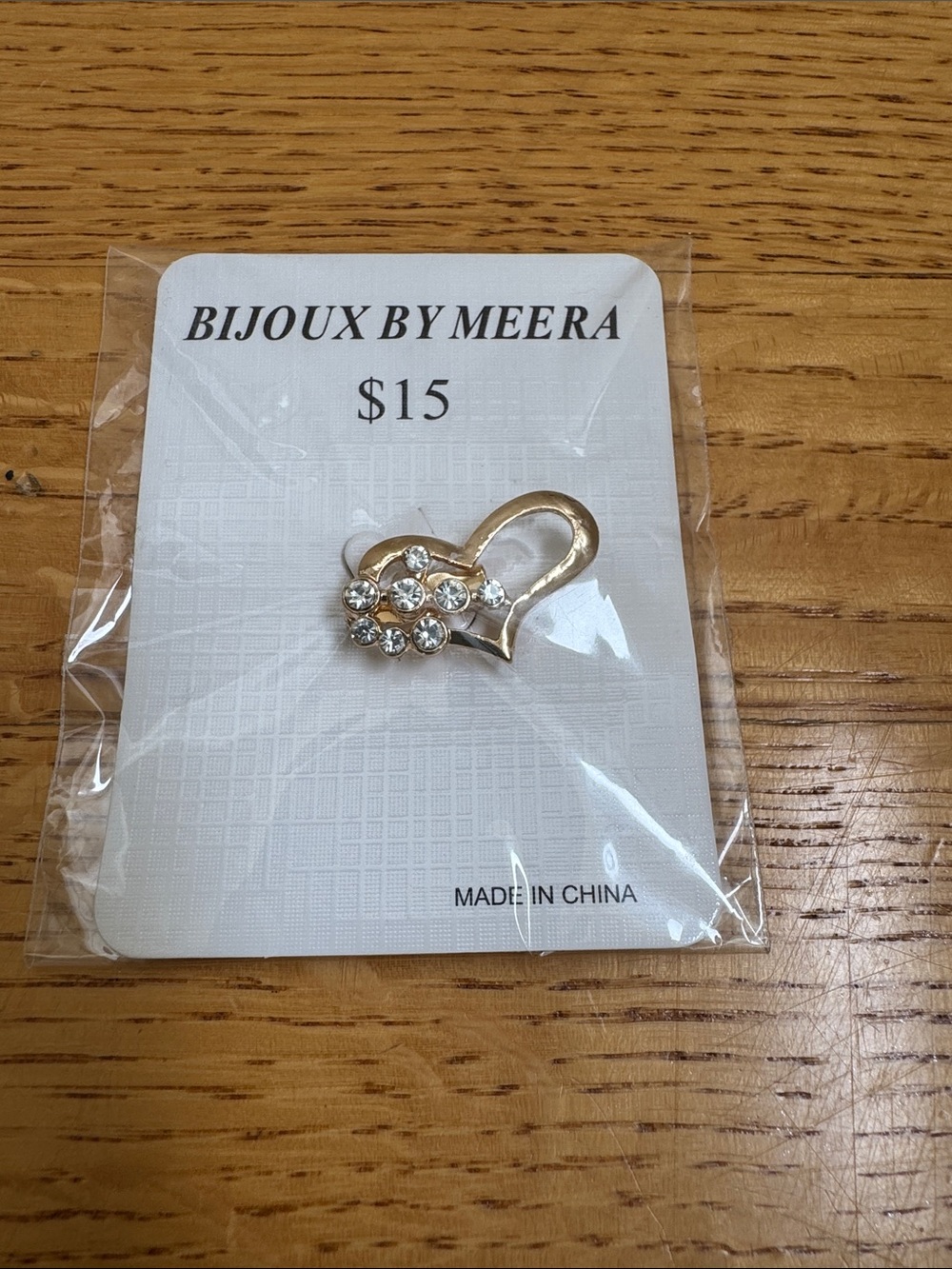 Bijoux by Meera Gold Heart Brooch with Clear Crystals